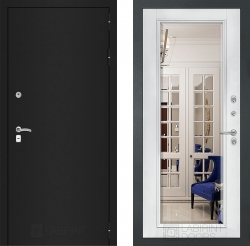 Дверь Лабиринт (LABIRINT) Classic шагрень черная Зеркало Фацет с багетом Белый софт